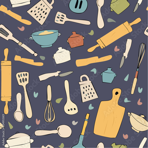 Seamless 3D-style vector pattern featuring colorful kitchen utensils like whisks, spoons, and rolling pins, arranged in a fun and modern layout for decor and kitchen-themed designs