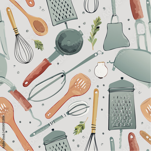 Seamless 3D-style vector pattern featuring colorful kitchen utensils like whisks, spoons, and rolling pins, arranged in a fun and modern layout for decor and kitchen-themed designs