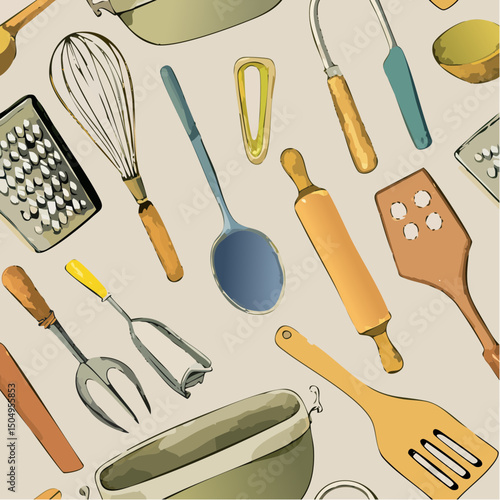 Seamless 3D-style vector pattern featuring colorful kitchen utensils like whisks, spoons, and rolling pins, arranged in a fun and modern layout for decor and kitchen-themed designs