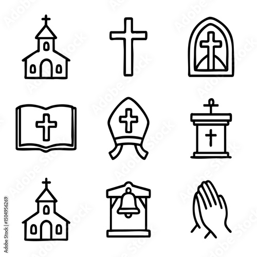 A set of doodle line icons featuring Christian symbols such as churches, crosses, Bible, prayer hands, pulpit, and church bell