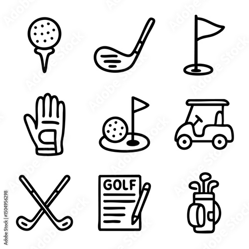 A set of doodle line icons showing golf gear, clubs, golf ball, cart, flag, glove, and scorecard for golfing themes and sports design
