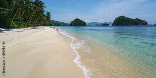 Fototapeta Naklejka Na Ścianę i Meble -  A peaceful, empty stretch of white sand beach lined with palm trees