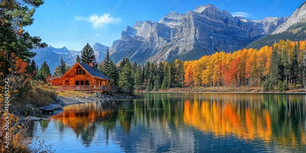 Fototapeta premium A peaceful lakeside cabin surrounded by towering mountain peaks and autumn foliage