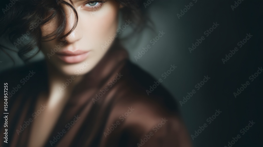 Fototapeta premium Mysterious Woman Portrait Dark Background Soft Light Close up Face