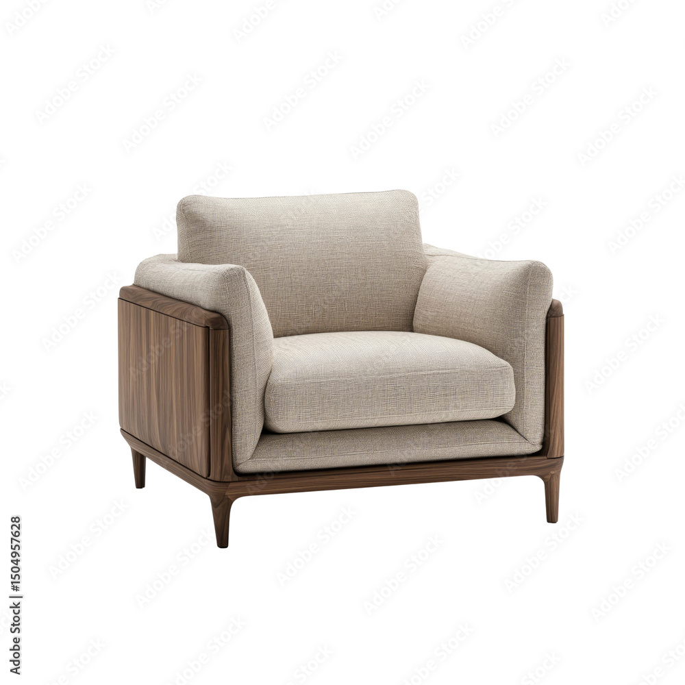Modern Walnut and Beige Fabric Armchair - Comfortable Lounge Chair for Living Room Modern Walnut and Beige Fabric Armchair - Comfortable Lounge Chair for Living Room