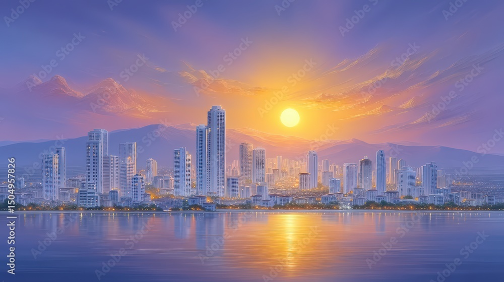 Obraz premium Serene Sunset Coastal Cityscape Stunning Skyline Panorama