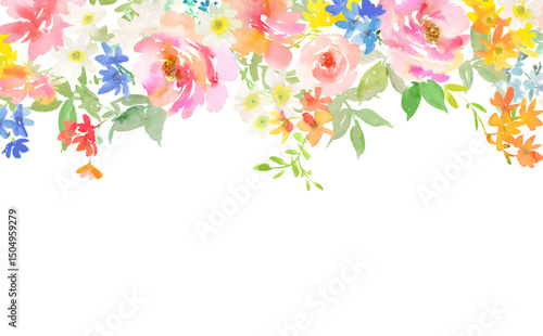 Vector frame illustration of abstract pink peonies , roses and wild flowers painted in watercolor. hand painted floral background for spring and summer.