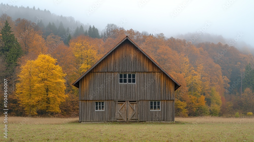 Rustic wooden barn in autumnal forest Rustic wooden barn in autumnal forest