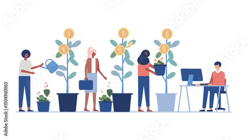 People tending to coin plants and working at a desk in an office setting on a white background
