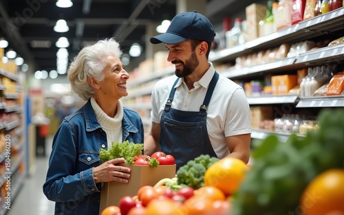 Happy supermarket worker assisting senior woman with shopping at store. High quality