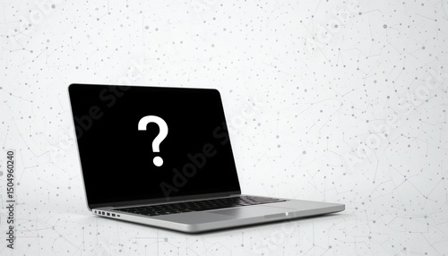 A pure black question mark in the center of a flat laptop screen with a white background and a faint circuit line pattern.
