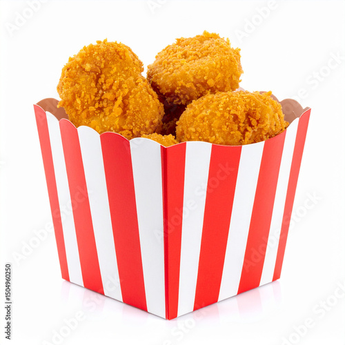 Crispy golden chicken nuggets in a red and white striped container, isolated on a white background. Ready to be eaten and enjoyed.