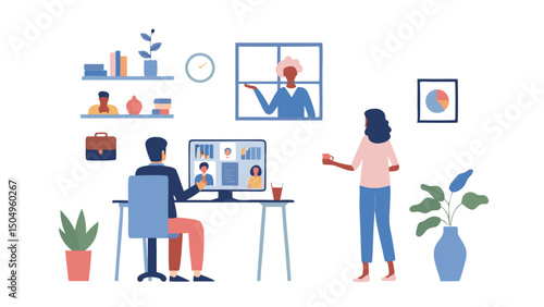 A man at a desk on a video call and a woman standing near him in a bright and airy home office space