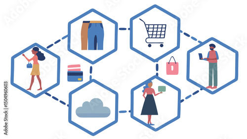 A network of online shopping icons connected by dashed lines forming a hexagonal pattern on a white background