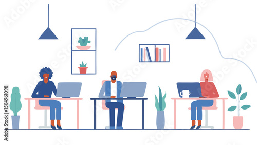 Illustration of three people working on laptops at desks in an office with plants and bookshelves decor 99 chars