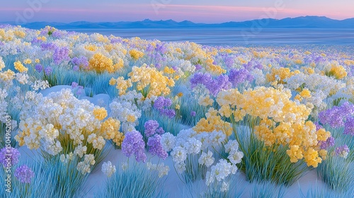 Serene Pastel Flower Meadow  Blooming Wildflowers  Soft Light  Scenic Landscape