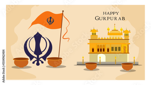 Happy Gurpurab Sikh Festival Vector Banner Illustration Set - Golden Temple & Khanda-01