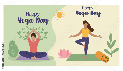Happy Yoga Day Vector Banner Templates Set - People in Yoga Poses-01