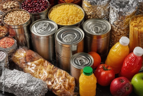 Wallpaper Mural Diverse assortment of canned goods, pasta, grains, fruits, and juices, tightly arranged for a plentiful, visually engaging display of non-perishable food items Torontodigital.ca