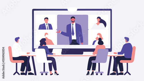 Illustration of a virtual meeting with people on a large screen and attendees seated at a table together