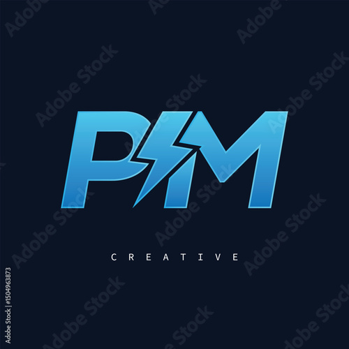 PM Thunderbolt Monogram – Futuristic Electric Logo with Bold Blue Energy Strike