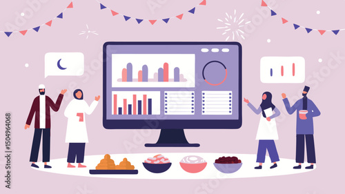 Team presenting data on a computer screen with festive decorations and middle eastern themed food items
