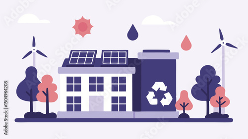 Illustration of a building with solar panels trees sun and earth icon promoting renewable energy sources