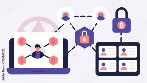 Illustration of a network connecting devices with locks and user icons on a light background design
