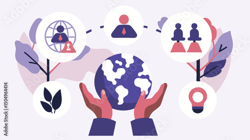 Illustration of hands holding a globe with icons of people and leaves in a stylized design scheme