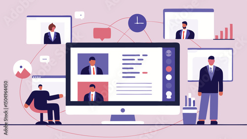 Illustration of a virtual meeting with people on computer screens and business graphics around it