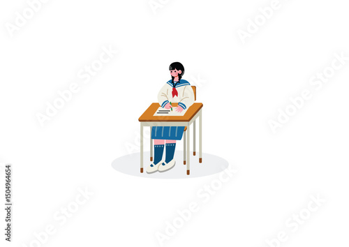 机で勉強する女子高生