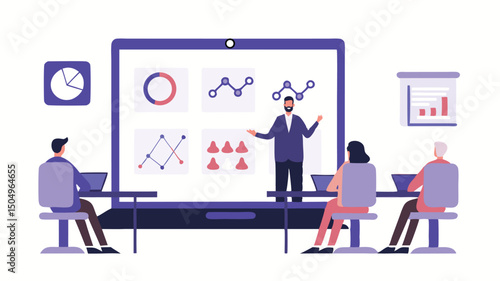 A presentation with charts and graphs being given to a group of people in a business meeting setting