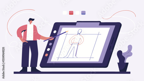 Digital artist creating a character sketch on a tablet with a stylus in a modern minimalist workspace setup