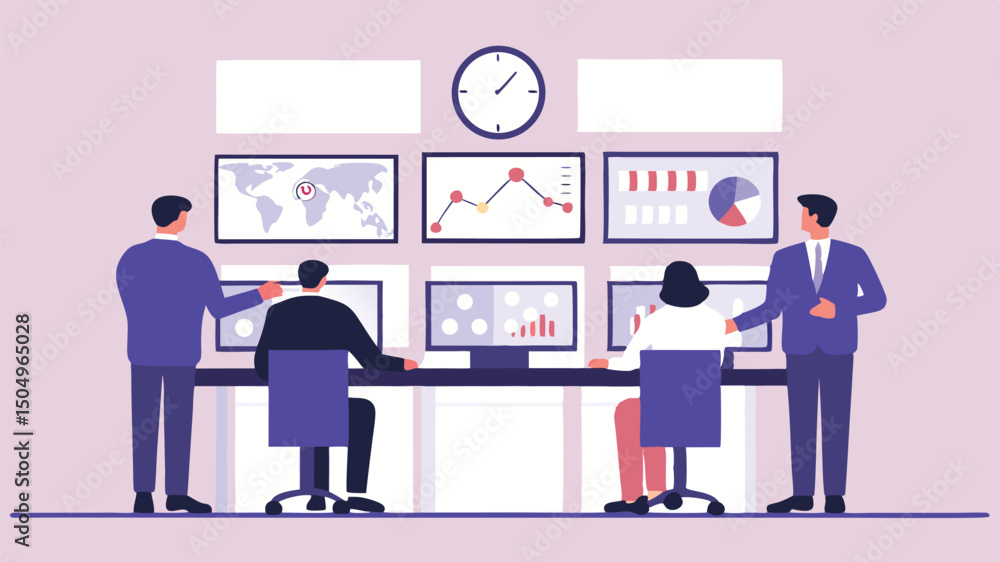 Fototapeta premium Team analyzing data on multiple screens in a control room with charts and graphs displayed clearly seen