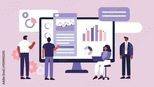 Illustration of a team analyzing data on a large computer screen with charts and graphs in a light setting