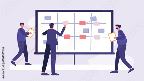 Three business people collaborating on a kanban board with sticky notes in a meeting environment setting