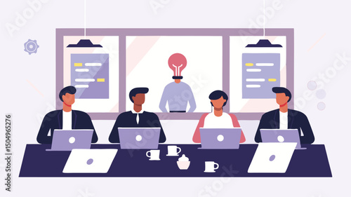 A meeting in progress with four individuals seated at a table with laptops and a presenter in the back