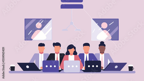 Illustration of a virtual meeting with five participants using laptops and video conferencing screens displayed