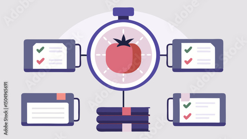 A pomodoro timer illustration showing a tomato inside a clock surrounded by tasks and a stack of books