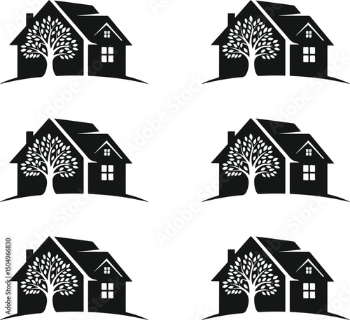 Set of black and white tree in front of the house icons vector illustration. 
