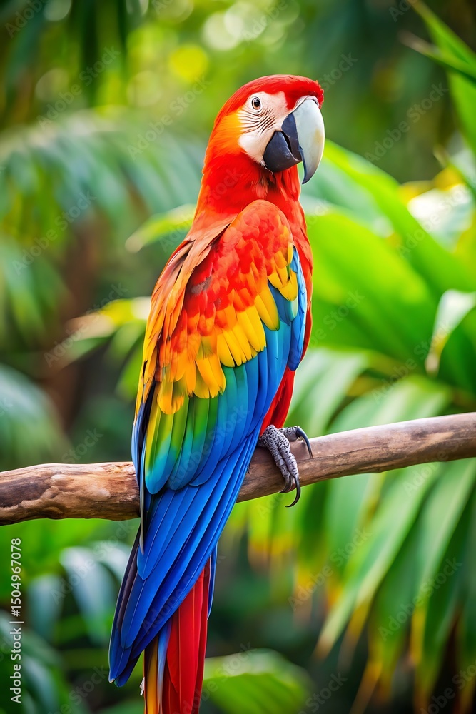 Obraz premium Scarlet macaw perched on branch tropical paradise