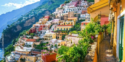 Fototapeta Naklejka Na Ścianę i Meble -  A picturesque hillside town with terracotta rooftops and winding narrow streets