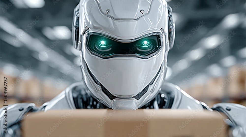 Fototapeta premium AI Robot in Warehouse Automated Ecommerce Shipping Logistics Technology
