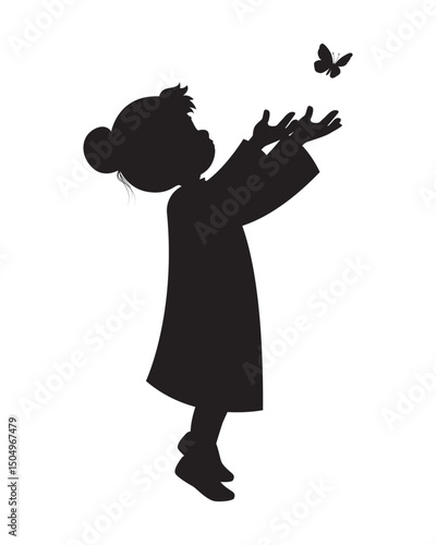 Silhouette of Girl Reaching Butterfly Illustration