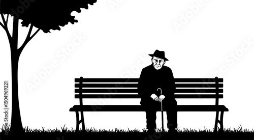 Elderly man sitting alone  on a bench with cane under a tree in a park  