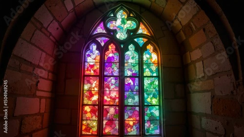 Stained glass window depicting colorful scenes in an old church  