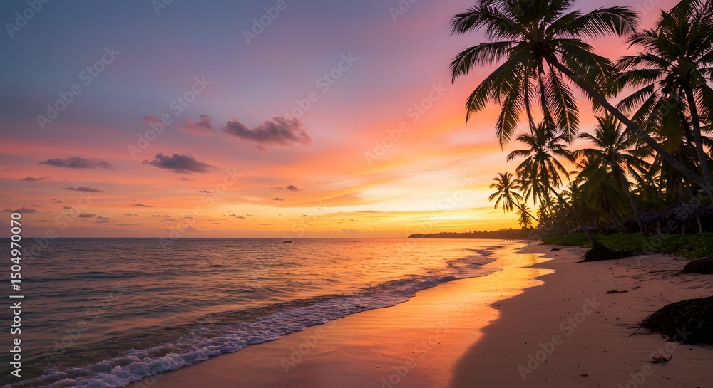 Fototapeta premium Beautiful sunset on a tropical beach with palm trees. 