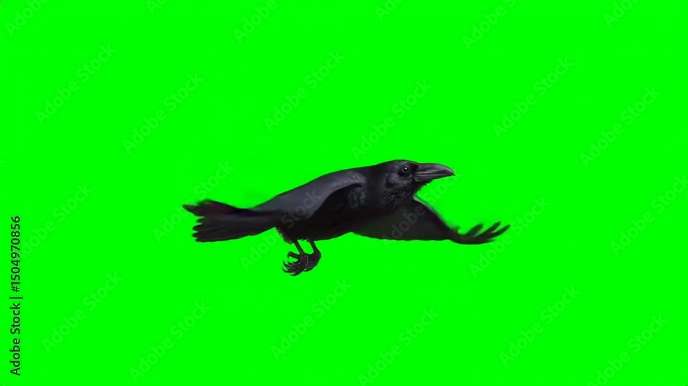 Side view of a black crow flying and flapping wings on green screen ...
