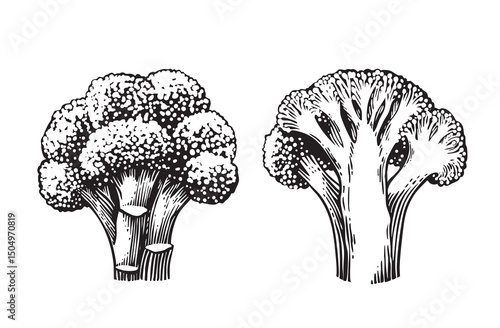 Vintage hand-drawn broccoli illustration in engraving style. Detailed black and white sketch ideal for vegetables organic packaging, botanical prints, and healthy food design.