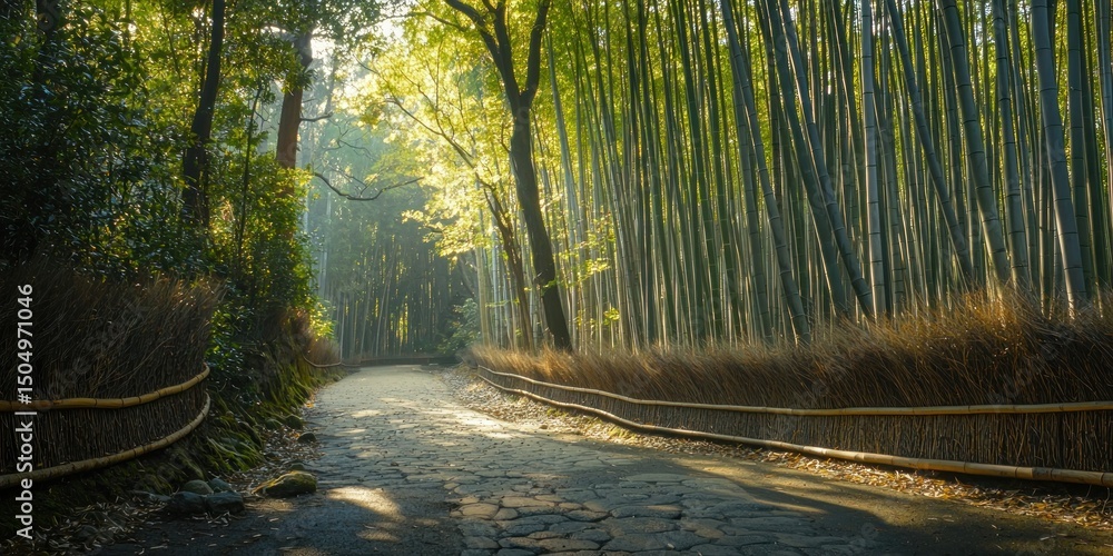 Fototapeta premium A quiet path winding through a dense bamboo forest, with dappled sunlight creating patterns on the ground